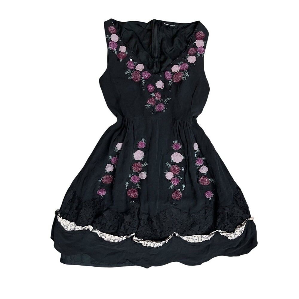 Nanette Lepore Embroidered Floral Black Dress 6 Whimsigoth Dark Fairy